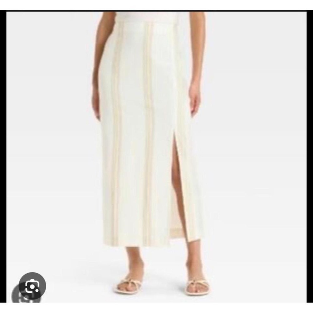 NWT A New‎ Day Striped Maxi Skirt Elastic Waist Side Slit Cream Beige Green Sz S